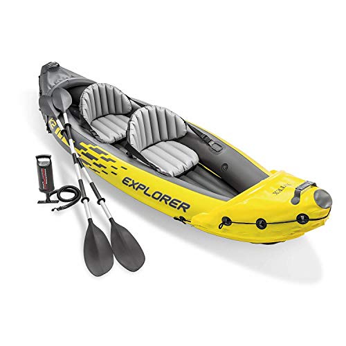 Intex 68307EP Explorer K2 Inflatable Kayak Set: Includes Deluxe 86in Aluminum Oars and High-Output Pump – SuperStrong PVC – Adjustable Seats with Backrest – 2-Person – 400lb Weight Capacity - 2-person