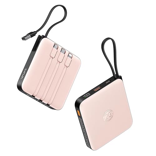 VRURC Portable Power Bank Built-in Cables, 20000mAh 22.5W Fast Charging USB C Battery Pack, Phone Charger Battery & LED Display, for iPhone 15 14 Samsung Galaxy S23 S22 Google LG Android Phone,Pink - Pink