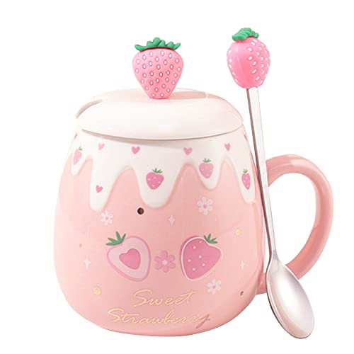 Cute Strawberry Mugs Pink Coffee Mug Ceramic kawaii Cup Morning Tea Milk Fruit Mug with Lovely Lid Stainless Steel Spoon Creative Novelty Birthday Valentine's Day Christmas for Lovers Girl 500ML (S) - S