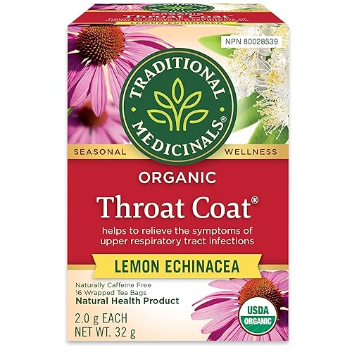 Traditional Medicinals - Organic Throat Coat Lemon Echinacea Herbal Tea (Pack of 1) - Helps Relieve Symptoms of Upper Respiratory Tract Infection - Sustainably Sourced Fair Wild Ingredients - 16 Tea Bags Total - Throat Coat Lemon Echinacea - 16 Count (Pack of 1)