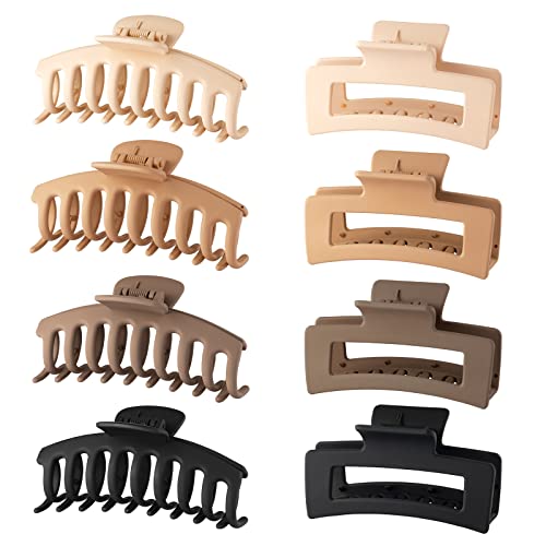 Wekin Large Hair Claw Clips, 8 Pack 4.3" Hair Clips for Women & Girls, Strong Hold Matte Claw Hair Clips for Women Thick Hair & Thin Hair, 90's Vintage Jaw Clips (Cream, Beige, Dark Brown, Black)… - Solid