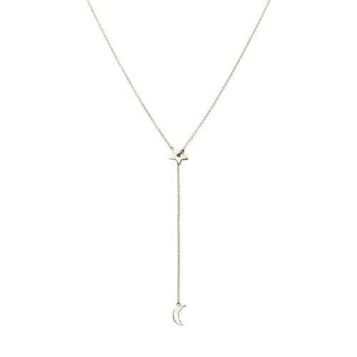 Moon and Star Lariat Necklace - 14K Rose Gold