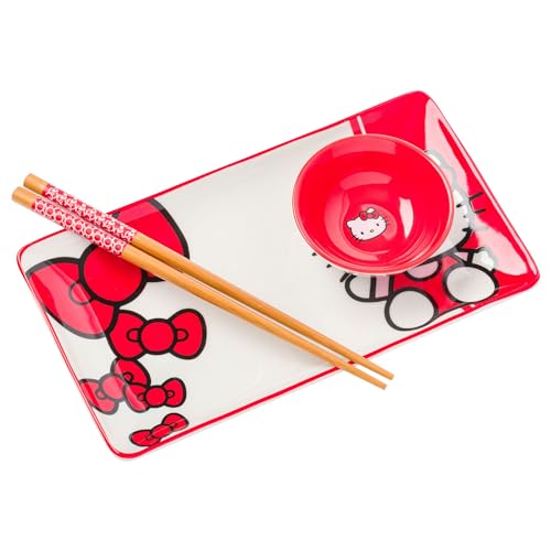 Silver Buffalo Sanrio Hello Kitty Red and White Bow Ceramic Sushi Set with Dipping Sauce Dish and Matching Chopsticks - Hello Kitty Red and White - 3 Pieces Set