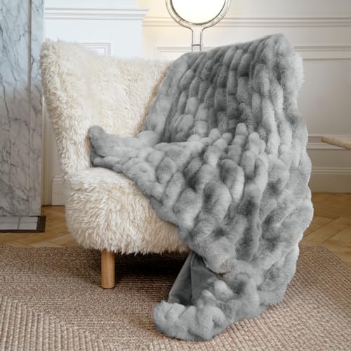 blunique Soft Fuzzy Faux Fur Throw Blanket in Grey – Cozy, Fluffy, Plush Fleece Blanket, Furry, Shaggy Blanket for Couch, Bed, Sofa, Travel, and Office; Thick Warm Blankets for Women,50x60 Inches - B-grey - Throw