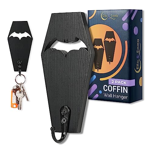 Ella & Emma Wall Mounted Mini Coffin Bat Decor Key Holder, Gothic House Decor, Can Be Used as a Towel, Mug Holder, Gothic Room Decor, Wood Key Hook, Key Hanger, Hanging Wooden Hooks (Pack of 2)