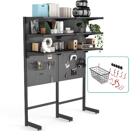 JWX DDB Gaming Standing Shelf Units, Home Office cabinets with Metal Pegboard and 15 Pieces Organizer Tool Holders - 