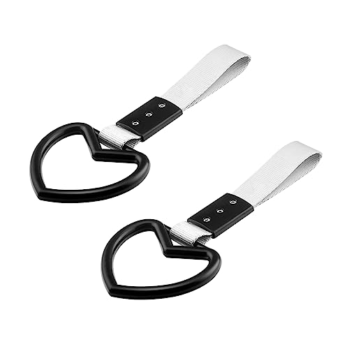 Fekey&JF 2PCS Tsurikawa Rings Heart-Shaped Car Hand Strap, Rear Bumper Warning Loop Janpanese Heart Handle for SUV, Subway, Bus, Auto Interior Exterior Warning Decoration (Black) - Black/White
