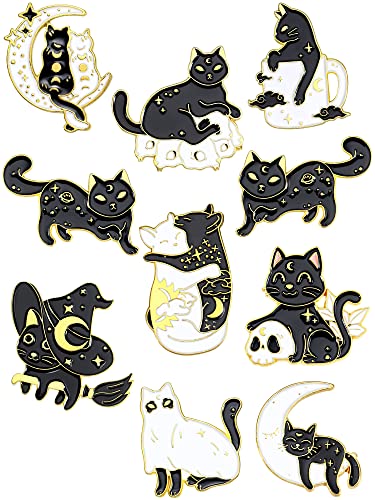 10 Pieces Cat Pins Cute Brooch Pin Set Kawaii Cat Backpack Pin Black Cat Book Brooch Gothic Aesthetic Cat Buttons for Backpacks Clothing Bags Lapel Jackets for Women Men DIY Presents