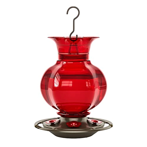 Auslar Hummingbird Feeder, Red Glass Hummingbird Feeders for Outdoors Hanging with Ant Moat, 5 Simulation Flowers Feeding Ports, 23 Ounces, Rustproof, Fade Proof, Pomegranate Shape