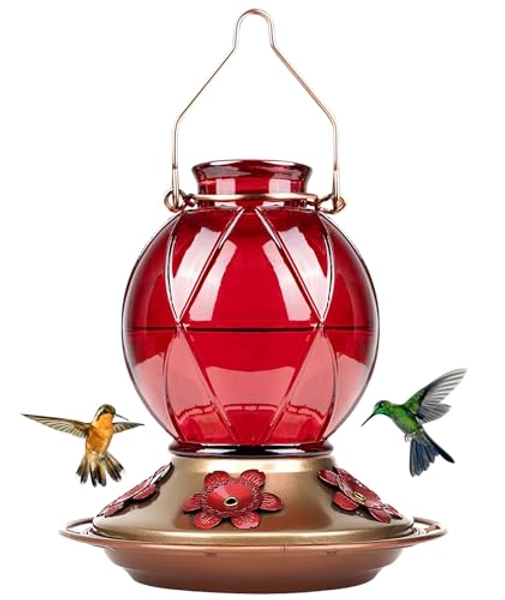 BOLITE 18016-R Hummingbird Feeder, Glass Hummingbird Feeder for Outdoors, Meshy Texture Ball Shape Bottle, 20 Ounces, Red