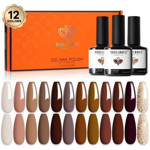 Modelones Gel Nail Polish Kit, 12 Pcs All Seasons Skin Tones Popular Neutral Color Gel Polish Set, Nude Brown Gel Nail Kit Collection for Nail Art Salon Classic Collection Gift for Women - Brown