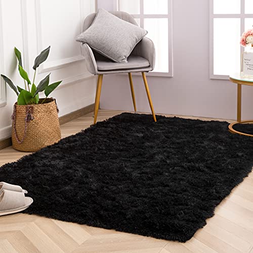 Terrug Soft Kids Room Rug, Black Shag Area Rugs for Bedroom Living Room Carpet,Plush Fluffy Fur Rug for Nursery Boys & Girls Dorm Home Decor 3X5 Feet, Black - 3x5 Feet - Black