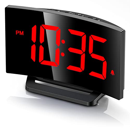 Digital Alarm Clock for Bedrooms, Digital Clock with Modern Curved Design, Conspicuous LED Numbers, 5 Levels Brightness+Off, 2 Volume, 3 Alarm Tones, Snooze, Power-Off Memory, 12/24H, Bedside Clock - 4-Candy Red Digit - 1