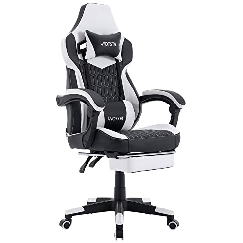 WOTSTA Gaming Chair with Footrest,High Back Gamer Chair with Massage Reclining Computer Chair Big and Tall Racing Gaming Chair Ergonomic Game Chair for Adults PVC Leather (White) - Black/White