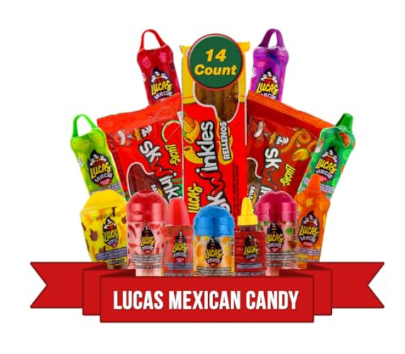 Lucas Mexican Candy Mix (14 Count) Variety of Sour, Sweet, Spicy, Include Lucas Skwinkles, Pelucas, Lucas Muecas, Baby Lucas, Gusano, Salsagheti by LookOn - 14 Piece Set