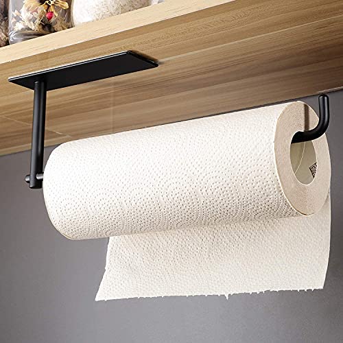 SUNTECH Paper Towel Holder Self Adhesive - Under Cabinet Mount Paper Towel Holder Stick on Wall for Kitchen Roll Paper, Stainless Steel Matte Black - Black