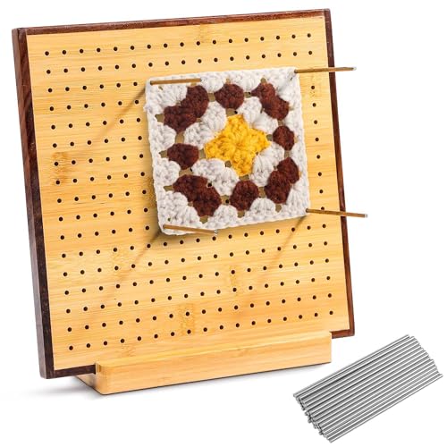 Houseables Crochet Blocking Board, Crochet Supplies, Wooden Blocking Board for Crocheting, 9.5"x9.5" Crochet Blocking Board with Pegs, Yarn Granny Square Blocking Board, Knitting Blocking Board