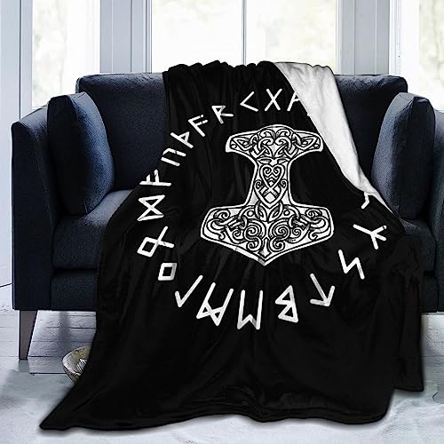 Vikings Mjolnir and Rune Wheel Norse Mythology Symbol Fleece Blanket Throw Lightweight Blanket Super Soft Cozy Bed Warm Blanket for Living Room/Bedroom All Season (50"x40", Color1) - 50"x40" - Vikings Mjolnir and Rune Wheel