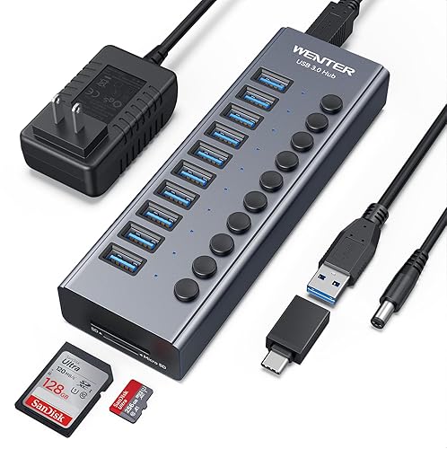 Powered USB 3.0 Hub, Wenter 10 Ports 36W Powered USB Hub, Aluminum USB Splitter with Individual On/Off Switches, SD/TF Card Readers and 12V/3A Power Adapter for PC/Laptops/MacBook Pro/Air/iMac/iPad - Aluminum 10 Ports