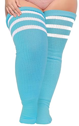 Plus Size Womens Thigh High Socks for Thick Thighs- Extra Long Striped Thick Over the Knee Socks- Leg Warmer Boot Socks - Large Plus - Blue & White