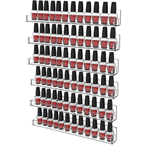 Cq acrylic Nail Polish Organizer Wall Mounted,6 Pack Rack Display 72 Bottles Nail Tech Organizers and Storage,Clear Wall Rack Nail Supplies for Nail Techs,15 Inch - 6