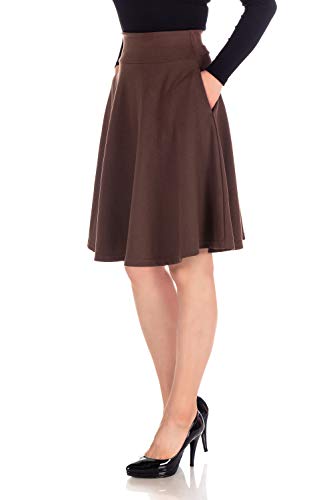 Dani's Choice High-Waisted Cotton Blend Skirt with Pockets - Knee Length A-line Flare for Business and Casual Wear - Small - With Pockets Brown