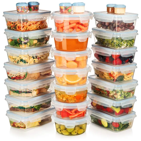 HUGE SET - 42 PCS - Food Storage Containers w/Airtight Lids (21 contianers + 21 Lids) w/6 Mini Containers, Leak Proof Lunch/Bento Box - BPA Free Freezer Safe - Plastic Storage Container Set by Shazo - 54 pc Clear