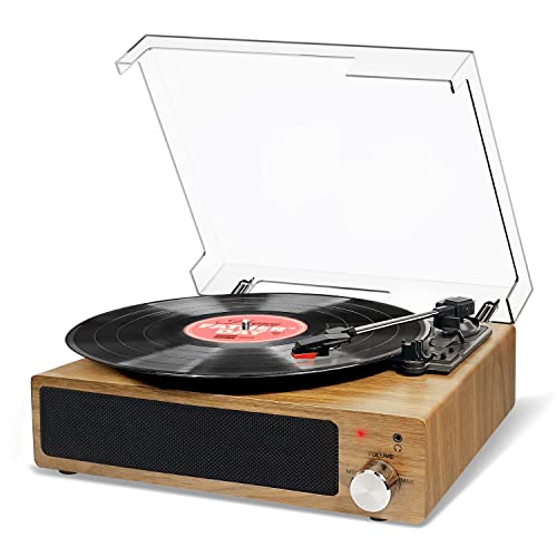FYDEE Tocadiscos de Vinilo, Tocadiscos Vintage Bluetooth con 3 Velocidades 33/45/78RPM y 2 Altavoces Estéreo Integrados, Reproductor de Vinilos Soporte Auriculares de 3.5mm, AUX,RCA - Madera Natural - Madera Natural