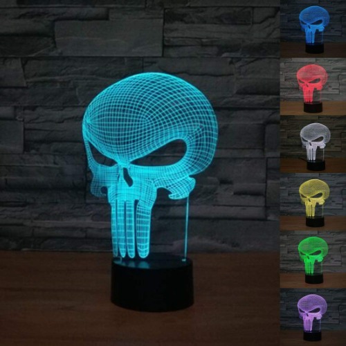 Punisher Skull 3D Night Light 7 Color Change LED Desk Lamp Touch Button Room Decor - White Panel+black Base