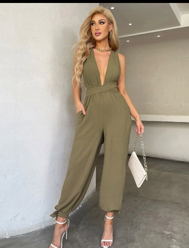 Deep cleavage jump suit