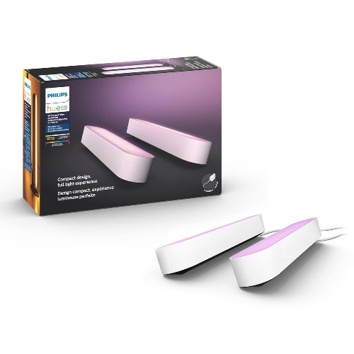 Philips Hue Play Light Bar vit 2-pack, med strömkontakt: bordslampa, LED-modul, Philips Hue White and Color, Zigbee, Hue Sync, trådlös, kompatibel med Amazon Alexa (Echo Dot), Google Home Assistant (Google Mini, Google Home) och Siri (Apple Homepod)