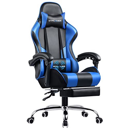 GTPLAYER Gaming Chair, Computer Chair with Footrest and Lumbar Support, Height Adjustable Game Chair with 360°-Swivel Seat and Headrest and for Office or Gaming (Blue) - Blue