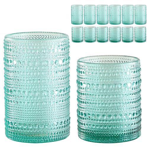 ZMOWIPDL Vintage Glassware Drinking Glasses Set of 12,Light Blue 12oz & 15oz Hobnail Glass Cups,Embossed Water Tumbler,for Beer,Cocktail,Whiskey,Juice and Various Mixed Drinks- 1 Cleaning Brush - Set of 12 Light Blue