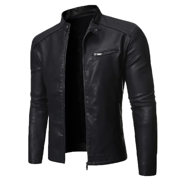 Men Jacket Motorcycle Leather Jacket Stand Collar Casual Men's Washed Leather Jackets - Large Black
