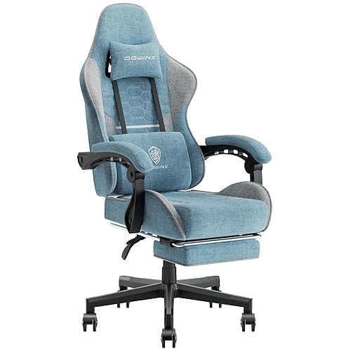 Dowinx Gaming Chair Fabric with Pocket Spring Cushion, Massage Game Chair Cloth with Headrest, Ergonomic Computer Chair with Footrest 290LBS, Blue and Grey - Blue