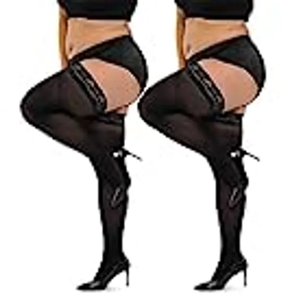 HONENNA Plus Size Thigh High Stockings, Semi Sheer Stay Up Lingerie Lace Top Pantyhose for Women, 2 Pairs