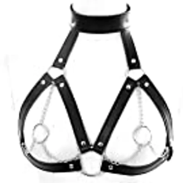 Liangliang Women's Faux Leather Harness Punk Gothic Metal Chain Tassel Body Caged Lock Bra Strap Black