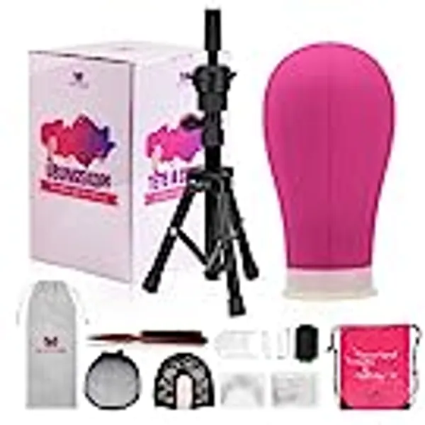 23 Inch Canvas Wig Head,Wig Stand Tripod with Head,Mannequin Head with Stand for Wigs Making Display with T Pins Set Bristle Brush(Rosy)