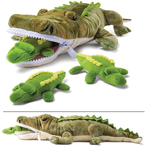 PREXTEX Plush Alligator Toys Stuffed Animal w/ 3 Alligator Baby Stuffed Animals-Big Alligator Zippers 3 Little Plush Baby Alligators-Alligator Plush Toys for Kids 3-5- Stuffed Animals for Boys & Girls - Aligator & Baby Gators
