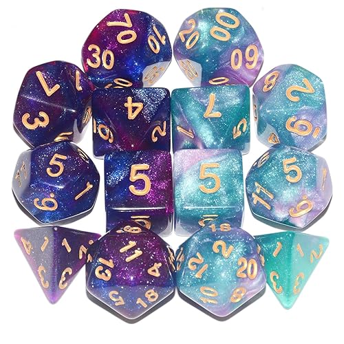 DND Dice 2 X 7Sets, 14Pieces Glitter Sparkle Cosmic Mixed Polyhedral DND Dice for RPG MTG Table Game Dice