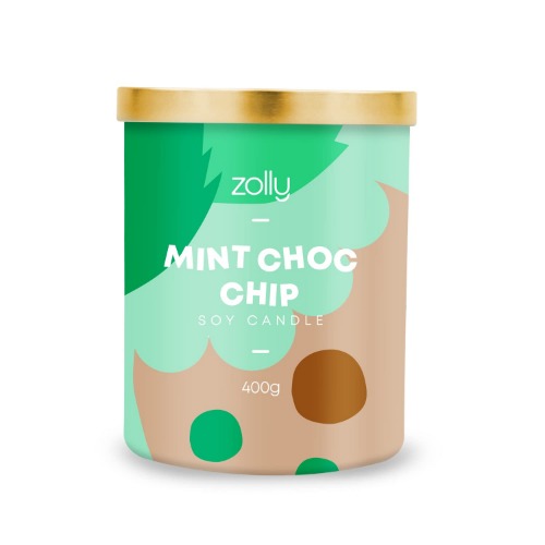 Mint Choc Chip Candle 400g by Zolly, Scented Candle, 90-100 Hrs Burn Time