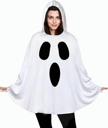 Oskiner Ghost Costume for Adults,White Ghost Poncho Hooded Cape,Spooky Halloween Costume for Women