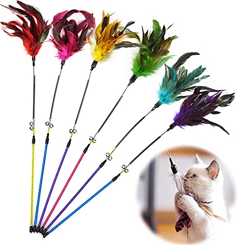 GingerUPer Cat Toy Feather Cat Toy Feather Wand Cat Pet Toy Wire Chaser Wand Teaser Feather With Bell,Cat Toys for Indoor Cats Kitten Interactive Training (6 Pack)