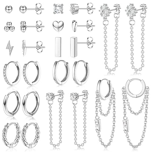JeweBella 13 Pairs Small Earrings Set for Women Surgical Steel Hoop Earrings mit Chain Hypoallergenic Cartilage Dangle Stud Earrings Heart Zirconia Tiny Earrings Set for Multiple Silver/Gold - Silver