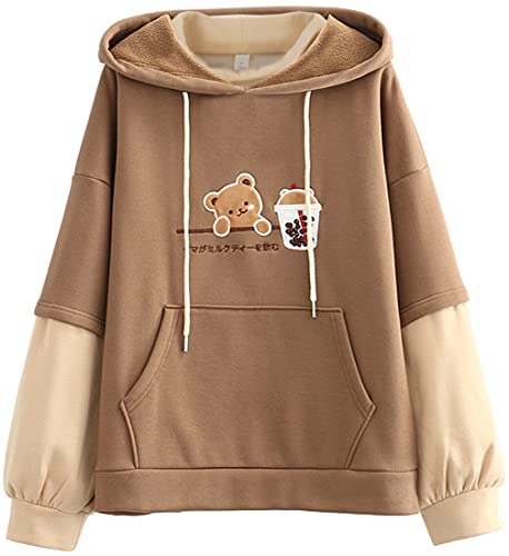 EMILYLE Women Cute Hoodie Girl Cartoon Bear Embroidery Long Sleeve Hoodie Patchwork Kawaii Sweatshirt - Large - brown-1