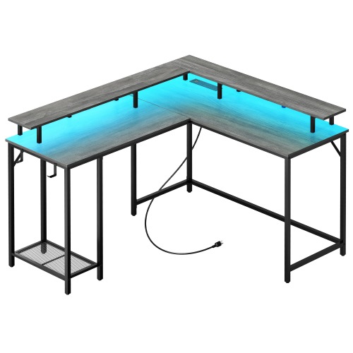 SUPERJARE L Shaped Computer Desk with Power Outlets & LED Lights