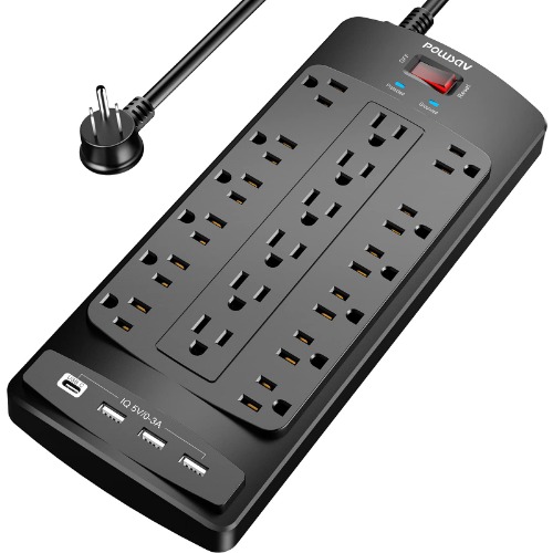 Power Strip Surge Protector with 18 Outlets and 4 USB Ports, Black