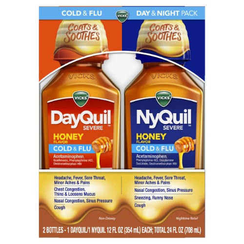 Vicks DayQuil & NyQuil Severe Honey Combo Pack, Cold & Flu Medicine, Max Strength Relief for Fever, Sore Throat, Sinus Pressure, Stuffy Nose, Honey Flavor, 2 x 12 oz Bottles, 1 NyQuil, 1 DayQuil
