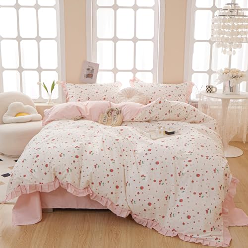 HighBuy Boho Duvet Cover Queen Strawberry Cotton Ruffled Bedding Comforter Cover with Zipper Closure Queen Bedding Duvet Cover Set Boho Style All Season,Lightweight 1 Comforter Cover 2 Pillow Shams - Queen(90"x90") - 2426 Strawberry