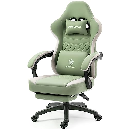 Dowinx Gaming Chair Breathable Fabic Computer Chair with Pocket Spring Cushion, Comfortable Office Chair with Gel Pad and Storage Bags,Massage Game Chair with Footrest,Green - Green